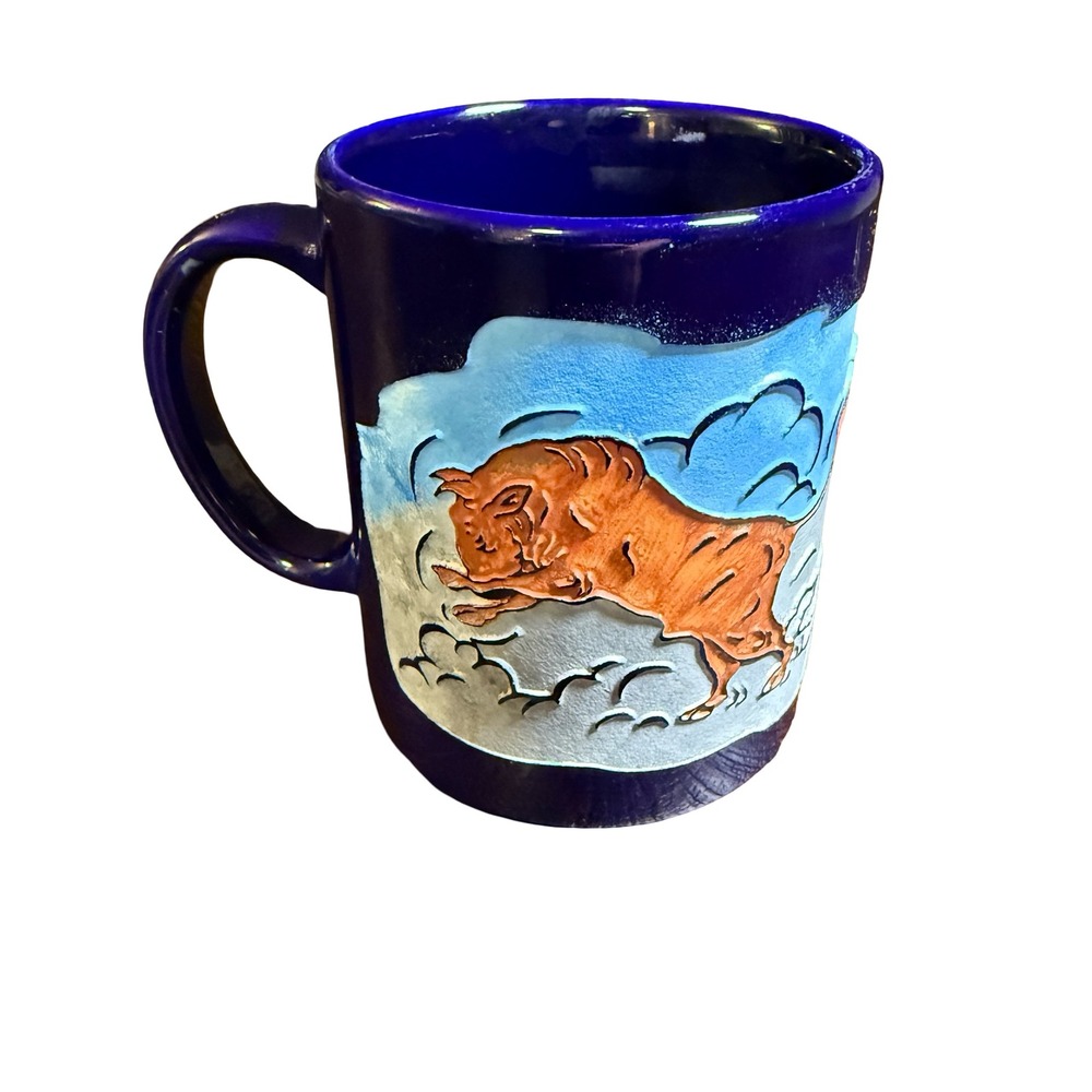 San Miguel de Allende Mexico Bull Cobalt Blue 3D Relief Ceramic Souvenir Mug Cup